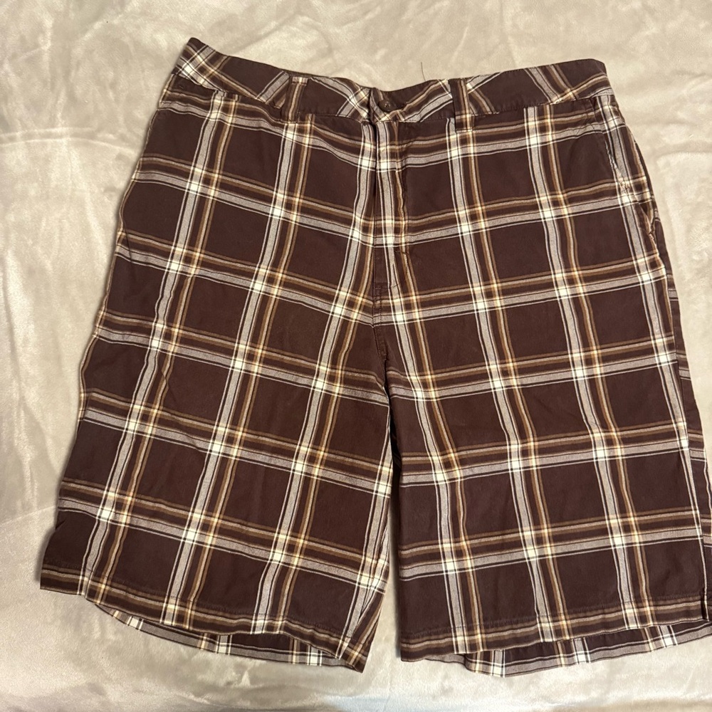 WONDERWALL VINTAGE SURF UTILITY MENS 36 BROWN PLAID BROKEN IN UTILITY SHORTS‎